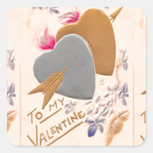 Vintage Silver & Gold Hearts Valentine Postcard Square Sticker