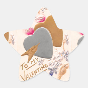 Vintage Silver & Gold Hearts Valentine Postcard Star Sticker