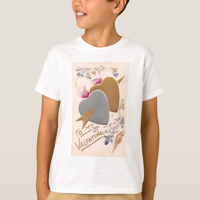 Vintage Silver & Gold Hearts Valentine Postcard T-Shirt (Front)