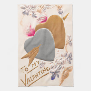 Vintage Silver & Gold Hearts Valentine Postcard Tea Towel