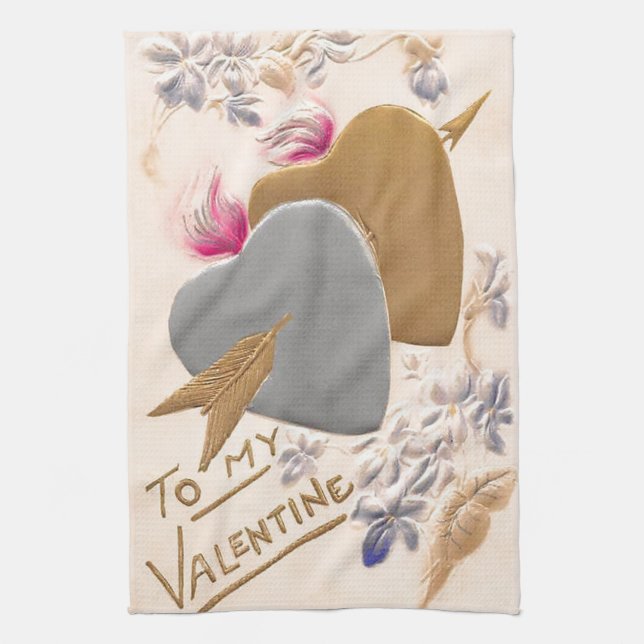 Vintage Silver & Gold Hearts Valentine Postcard Tea Towel (Vertical)