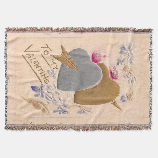 Vintage Silver & Gold Hearts Valentine Postcard Throw Blanket (Front)