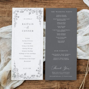 Vintage Silver / Grey Floral French Toile Wedding Programme