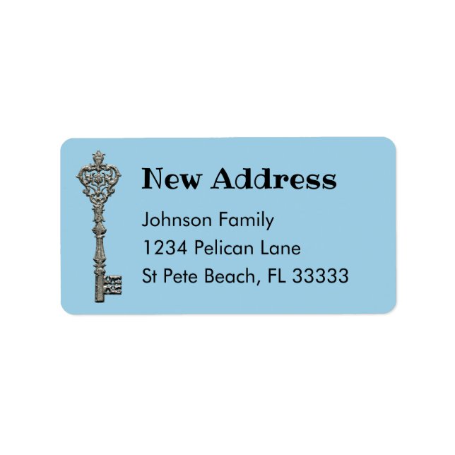 Vintage Silver Key Blue New Address Label (Front)