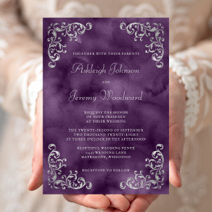 Vintage Silver Purple Watercolor Wedding Invitation