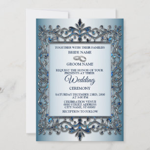 Vintage Silver Teal Blue Geometric Floral Wedding Invitation