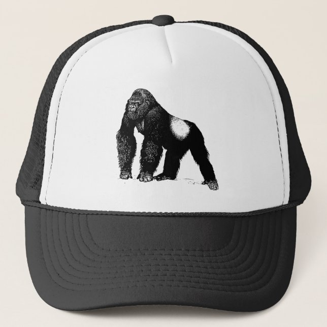 Vintage Silverback Gorilla Illustration, Black Trucker Hat (Front)