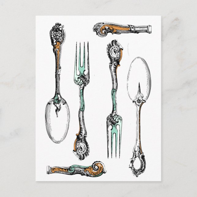 Vintage silverware, dining utensils postcard (Front)