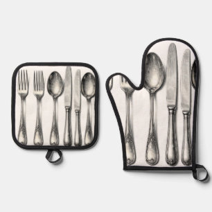 Vintage Silverware Ornate Flatware Kitchen  Oven Mitt & Pot Holder Set