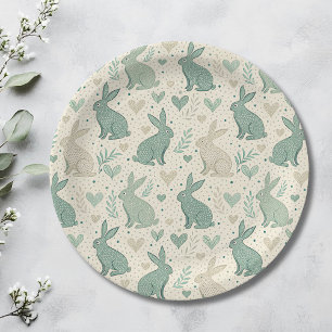 Vintage Simple Bunny Silhouettes Hearts Pattern Paper Plate