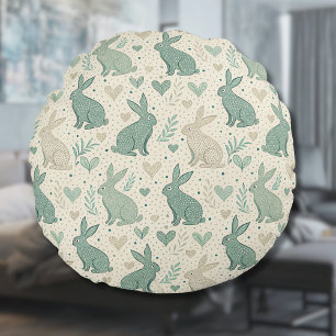 Vintage Simple Bunny Silhouettes Hearts Pattern Round Cushion
