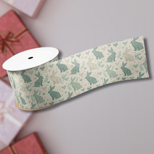 Vintage Simple Bunny Silhouettes Hearts Pattern Satin Ribbon
