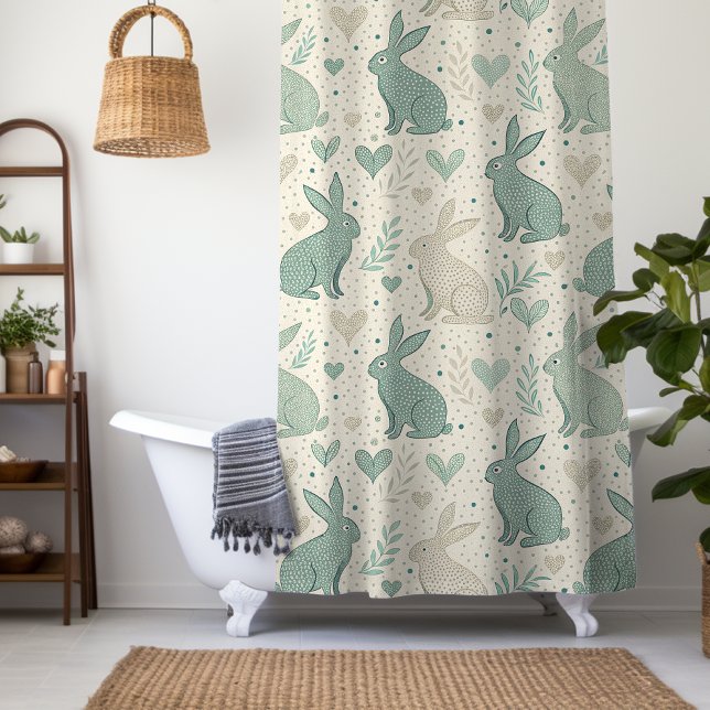 Vintage Simple Bunny Silhouettes Hearts Pattern Shower Curtain (Creator Uploaded)
