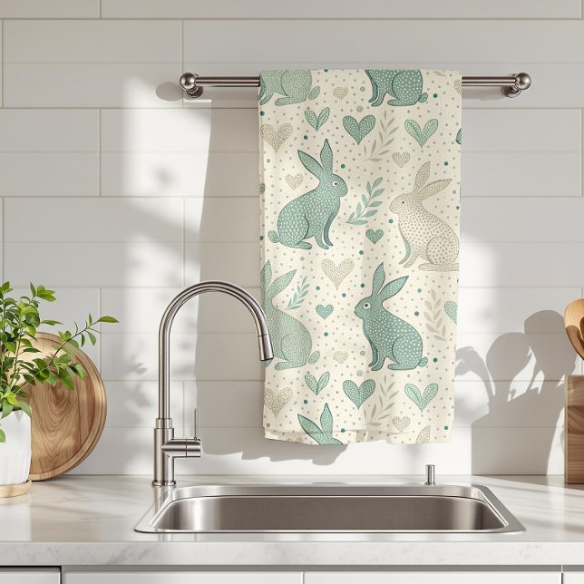 Vintage Simple Bunny Silhouettes Hearts Pattern Tea Towel (Creator Uploaded)