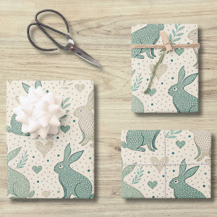 Vintage Simple Bunny Silhouettes Hearts Pattern Wrapping Paper Sheet