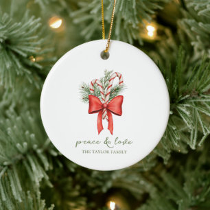 Vintage Simple Candy Cane Bow Peace Love Christmas Ceramic Tree Decoration