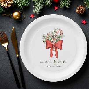Vintage Simple Candy Cane Bow Peace Love Christmas Paper Plate