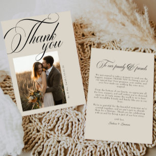 Vintage Simple Elegant Calligraphy Photo Wedding Thank You Card