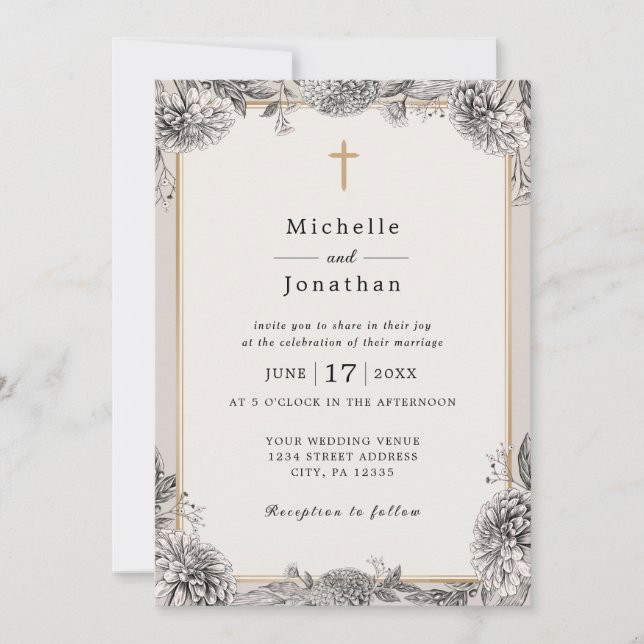 Vintage Simple Floral Christian Cross Wedding Invitation (Front)