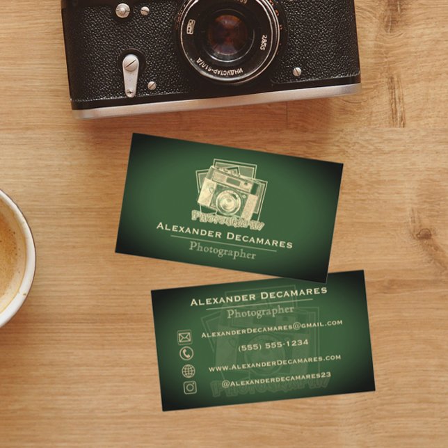 Vintage Simple Olive Green Photographer Camera Business Card (Creator Uploaded)