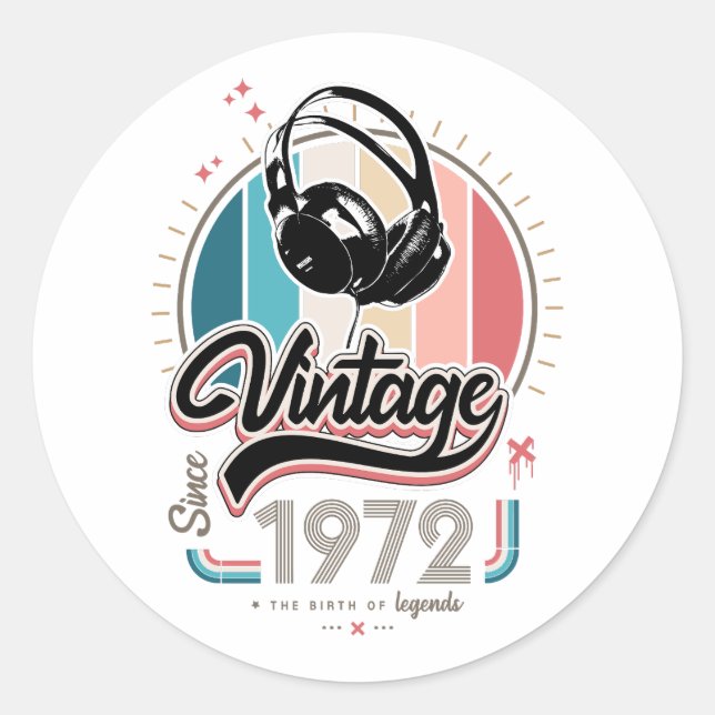Vintage since 1972 headphones classic round sticker (Front)