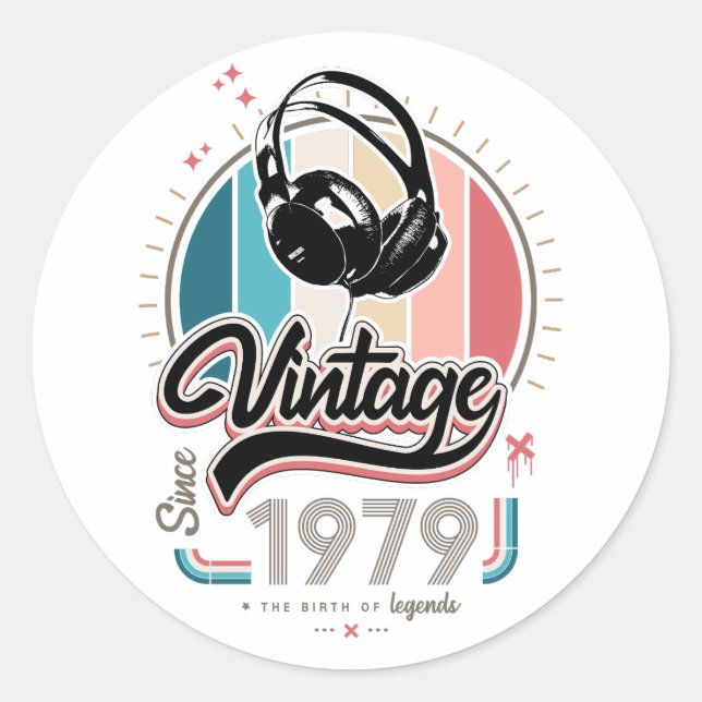 Vintage since 1979 headphones classic round sticker (Front)
