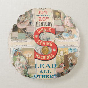Vintage Singer Sewing Machine Ad Round Cushion