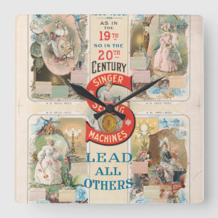Vintage Singer Sewing Machine Ad Square Wall Clock
