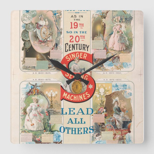 Vintage Singer Sewing Machine Ad Square Wall Clock (Front)