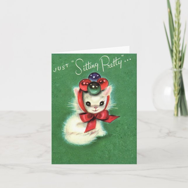 Vintage "Sitting Pretty" Christmas Kitten Card (Front)