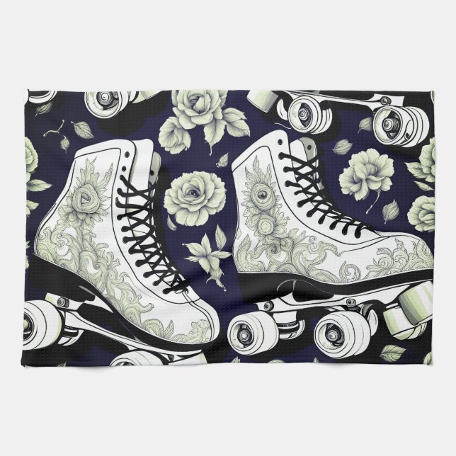 Vintage Skates Black & White  Tea Towel (Horizontal)