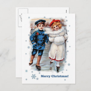 Vintage Skating Kids Christmas Holiday Postcard