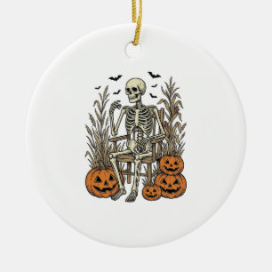 Vintage Skeleton and Pumpkins Halloween Shirt Desi Ceramic Tree Decoration