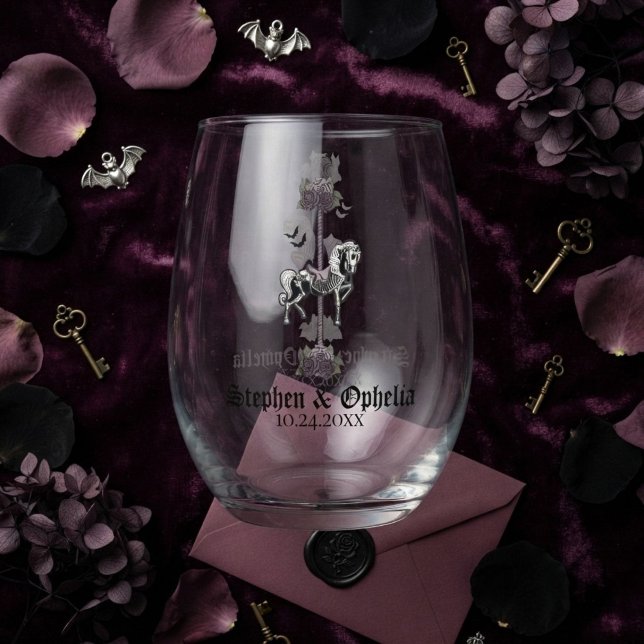 Vintage Skeleton Carousel Horse Stemless Wine Glass (Original pen-and-ink skeleton carousel horse stemless wine glass with gothic names and dates for her)