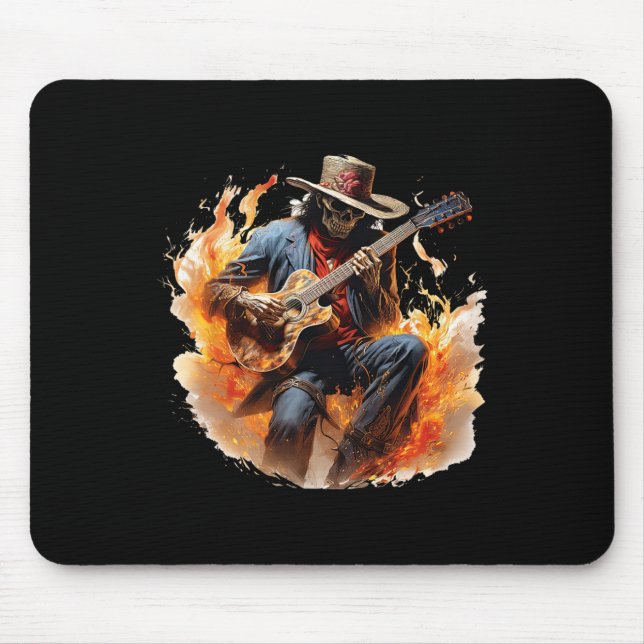 Vintage Skeleton Cowboy Playing Guitar Fire  Mouse Pad (Front)