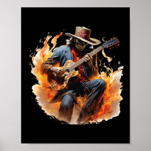 Vintage Skeleton Cowboy Playing Guitar Fire Poster
