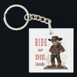 Vintage Skeleton Cowboy Ride or Die Western Art Key Ring<br><div class="desc">Elevate your home decor or personal style with the "Ride or Die... Literally" skeleton cowboy illustration from AmazingEG Studio. This premium design captures the essence of the old frontier with a humorous and gothic twist, making it an ideal choice for anyone looking to add personality and a vintage touch to...</div>