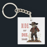 Vintage Skeleton Cowboy Ride or Die Western Art Key Ring<br><div class="desc">Elevate your home decor or personal style with the "Ride or Die... Literally" skeleton cowboy illustration from AmazingEG Studio. This premium design captures the essence of the old frontier with a humorous and gothic twist, making it an ideal choice for anyone looking to add personality and a vintage touch to...</div>