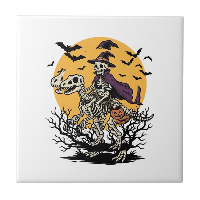 Vintage Skeleton Dinosaur Halloween Shirt Design_1 Tile (Front)