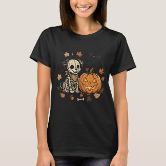 Vintage Skeleton Dog Halloween Pumpkin T-shirt