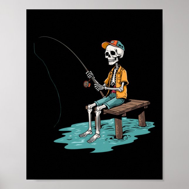 Vintage Skeleton Fisherman Sitting On Dock Poster (Front)