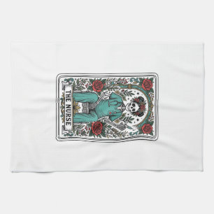 Vintage Skeleton Nurse Tarot Card Shirt Design_1 Tea Towel