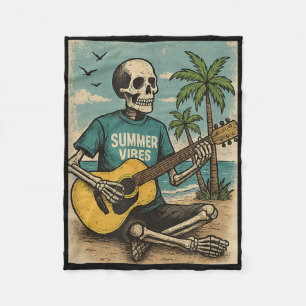Vintage Skeleton Summer Vibes Funny Beach Guitar  Fleece Blanket