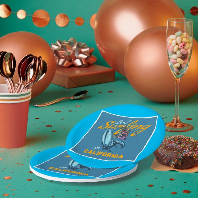 Vintage Skeleton Surfing California Beach Paper Plate (Creator Uploaded)