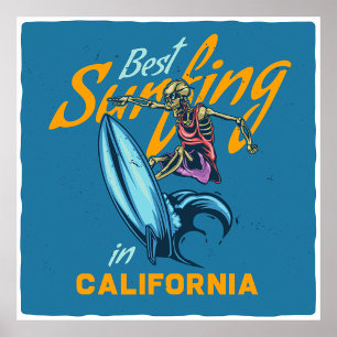 Vintage Skeleton Surfing California Beach Poster