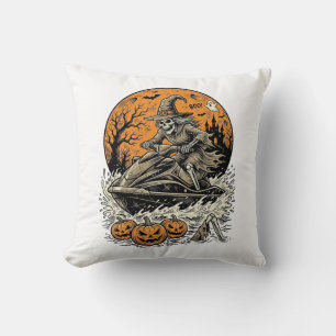 Vintage Skeleton Witch Halloween Jet Ski Shirt Des Cushion