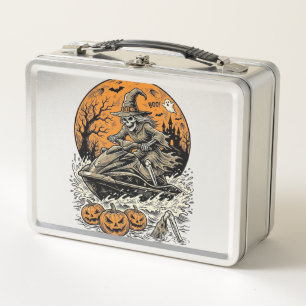 Vintage Skeleton Witch Halloween Jet Ski Shirt Des Metal Lunch Box