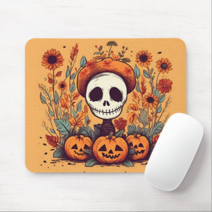 Vintage Skeleton With Pumpkin Flowers Graphic Mouse Pad