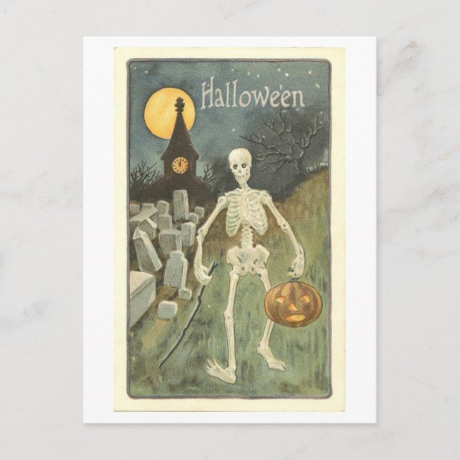 Vintage Skeleton with Pumpkin Halloween Postcard (Front)