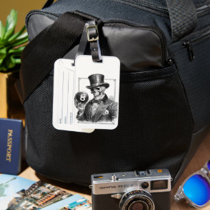 Vintage Skeleton with Top Hat and 8-Ball Luggage Tag
